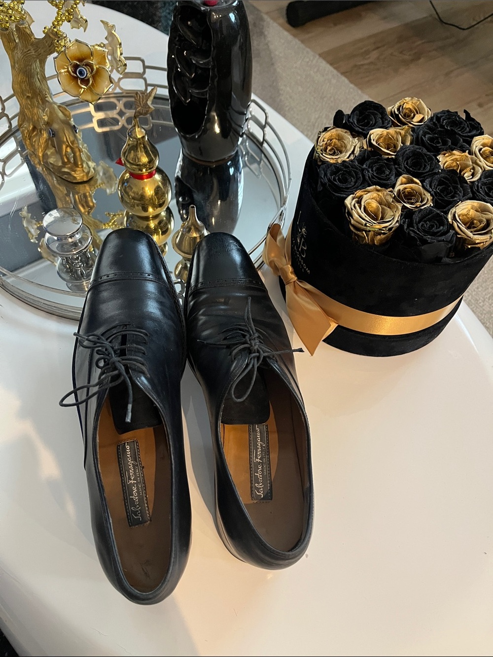 Salvatore Ferragamo Black Leather Cap-Toe Oxfords